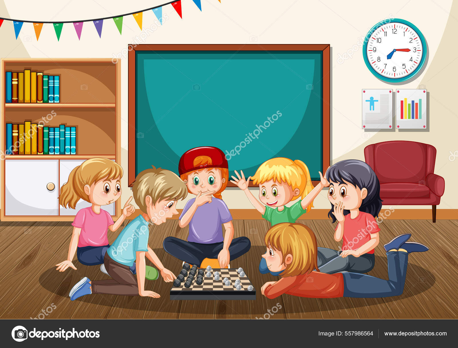 Crianças Jogando Tabuleiro Xadrez Sala Aula Ilustração imagem